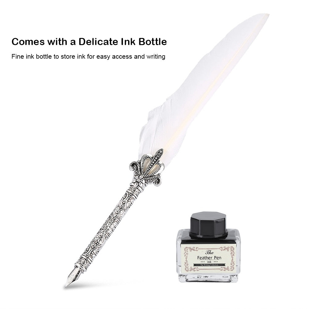 Flag Village European Retro Quill Alloy Feather Writing with Pen Nibs&Gift Box Set With Ink Bottle White
