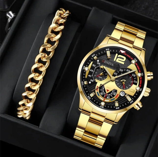 Flag Village 2pcs Men's New Popular Steel Strip Fashion Business Three Eye Quartz Watch Bracelet Set Valentine's Day Gifts