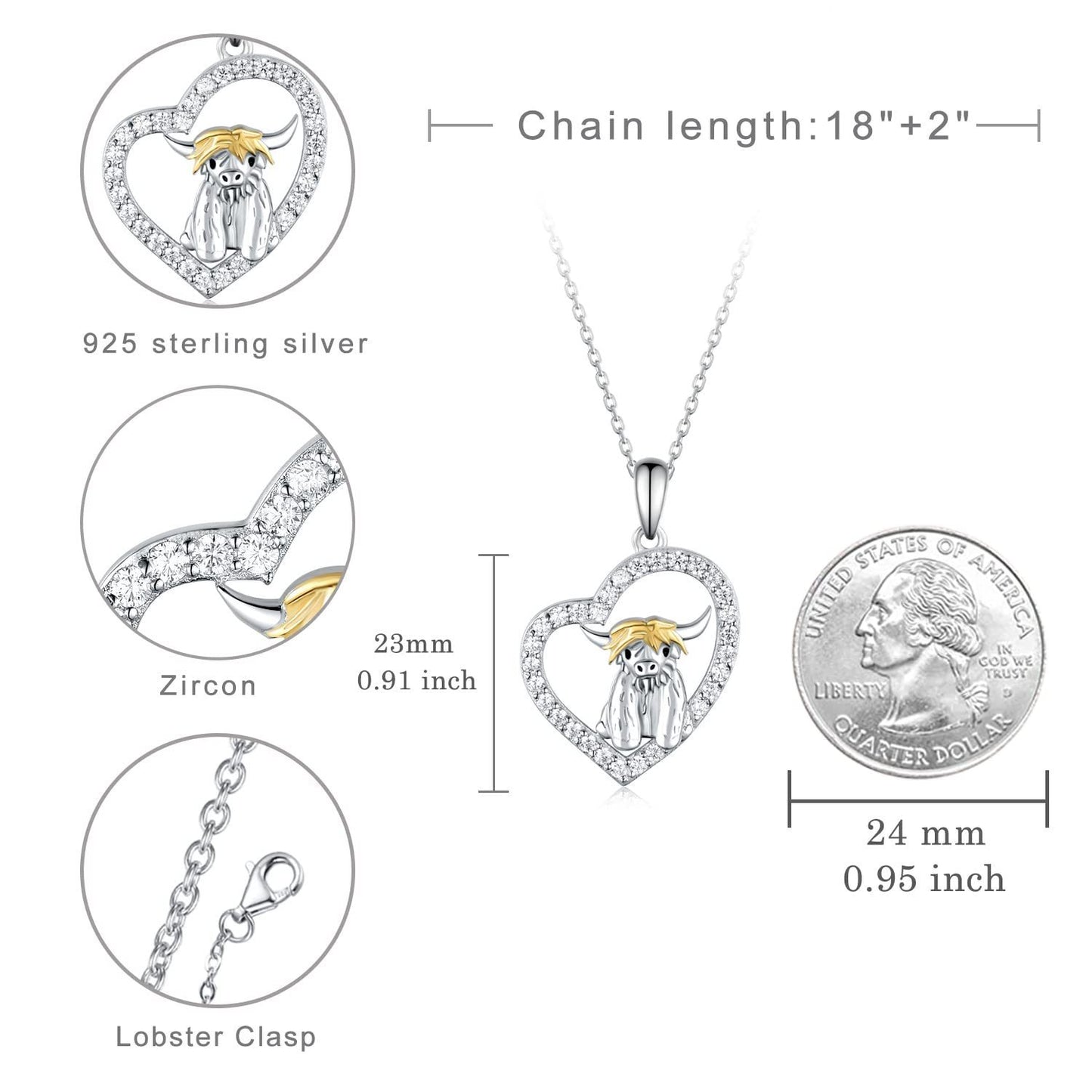 Flag Village Highland Cow Necklace 925 Sterling Silver Heart Animal Necklace Animal Jewelry Gifts for Women Girls Daughter