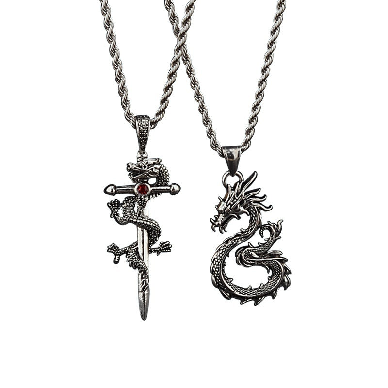 Flag Village Fashion Jewelry Dragon Sword Pendant Necklace Paved Black Color Jewelry For Men Boy Christmas Gifts