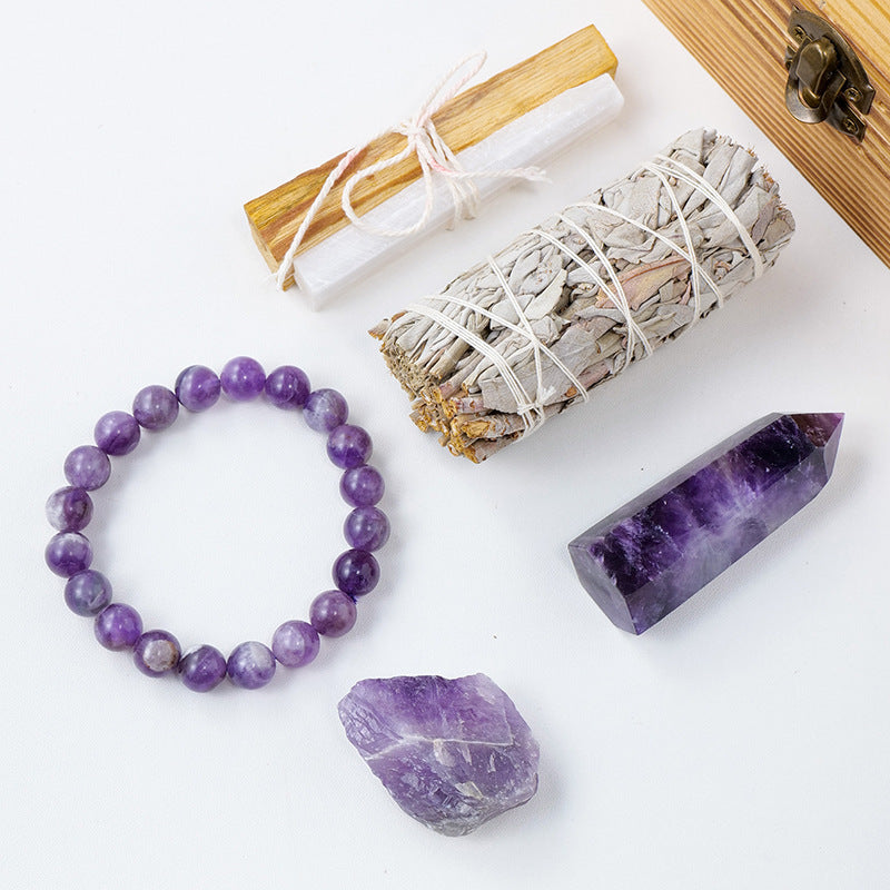Flag Village Natural Crystal Amethyst Wooden Box Set Gift Box