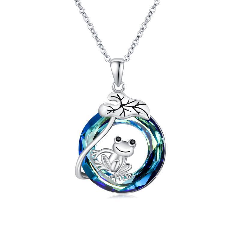 Flag Village 925 Sterling Silver Frog Lotus Leaf Necklace with Circle Crystal Pendant Cute Animal Jewelry Gifts