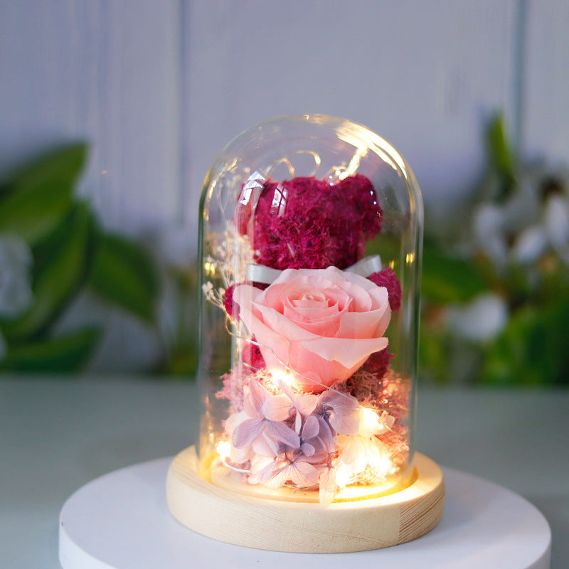 Flag Village Valentine's Day Gift For Girlfriend Eternal Preserved Rose Flower Gift Box Teddy Bear Eternal Flower With Lights Gift For Women Home Decor
