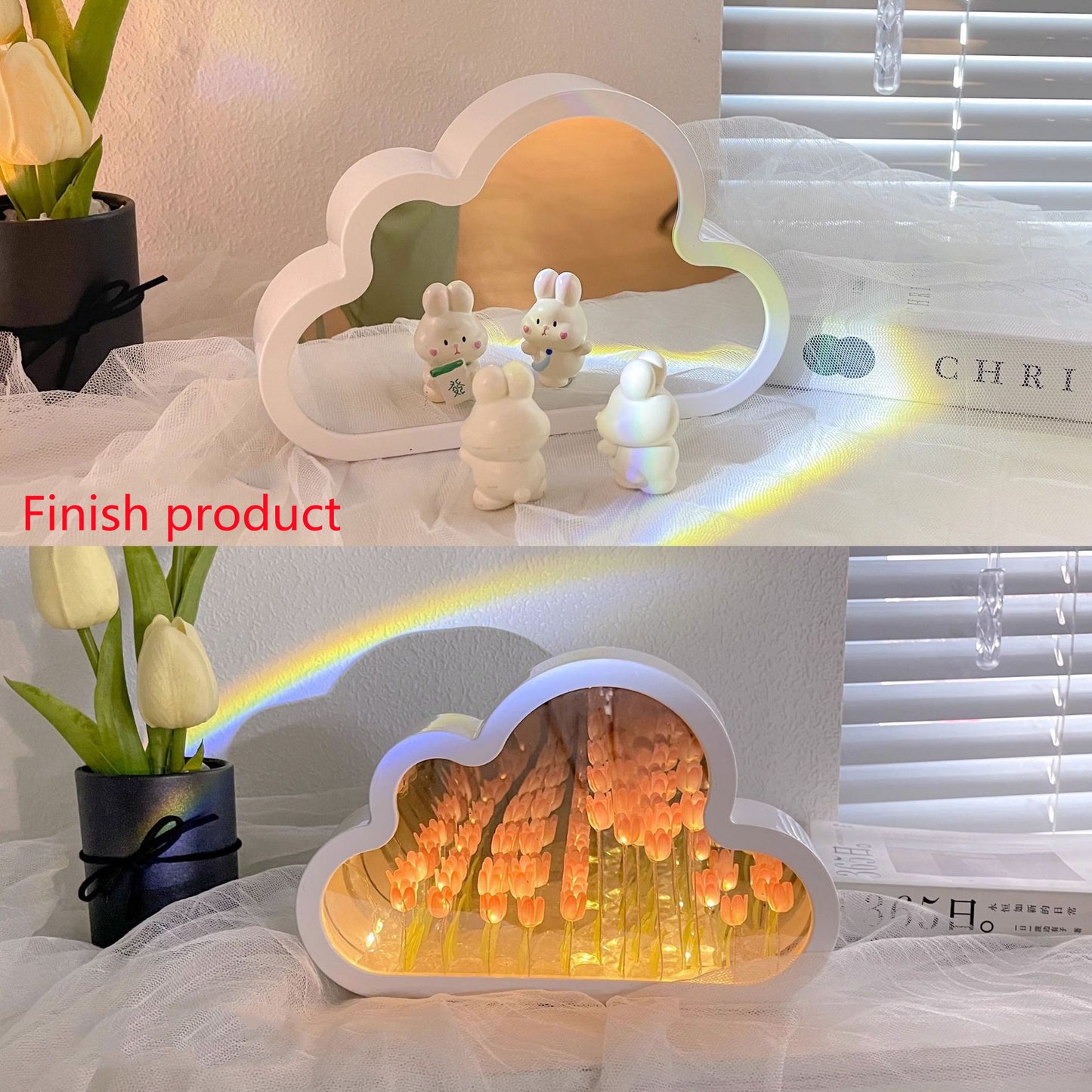 Flag Village Tulip Night Lamp DIY Material Cloud Tulips Night Lamp Decorative Mirrors Photo Frame LED Table Lights Korean Creative Desk Bedroom Handmade Birthday Gifts
