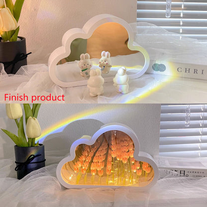 Flag Village Tulip Night Lamp DIY Material Cloud Tulips Night Lamp Decorative Mirrors Photo Frame LED Table Lights Korean Creative Desk Bedroom Handmade Birthday Gifts