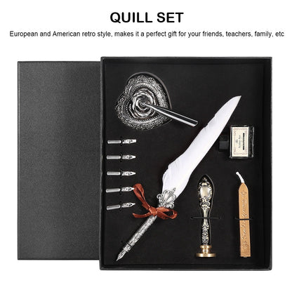 Flag Village European Retro Quill Alloy Feather Writing with Pen Nibs&Gift Box Set With Ink Bottle White