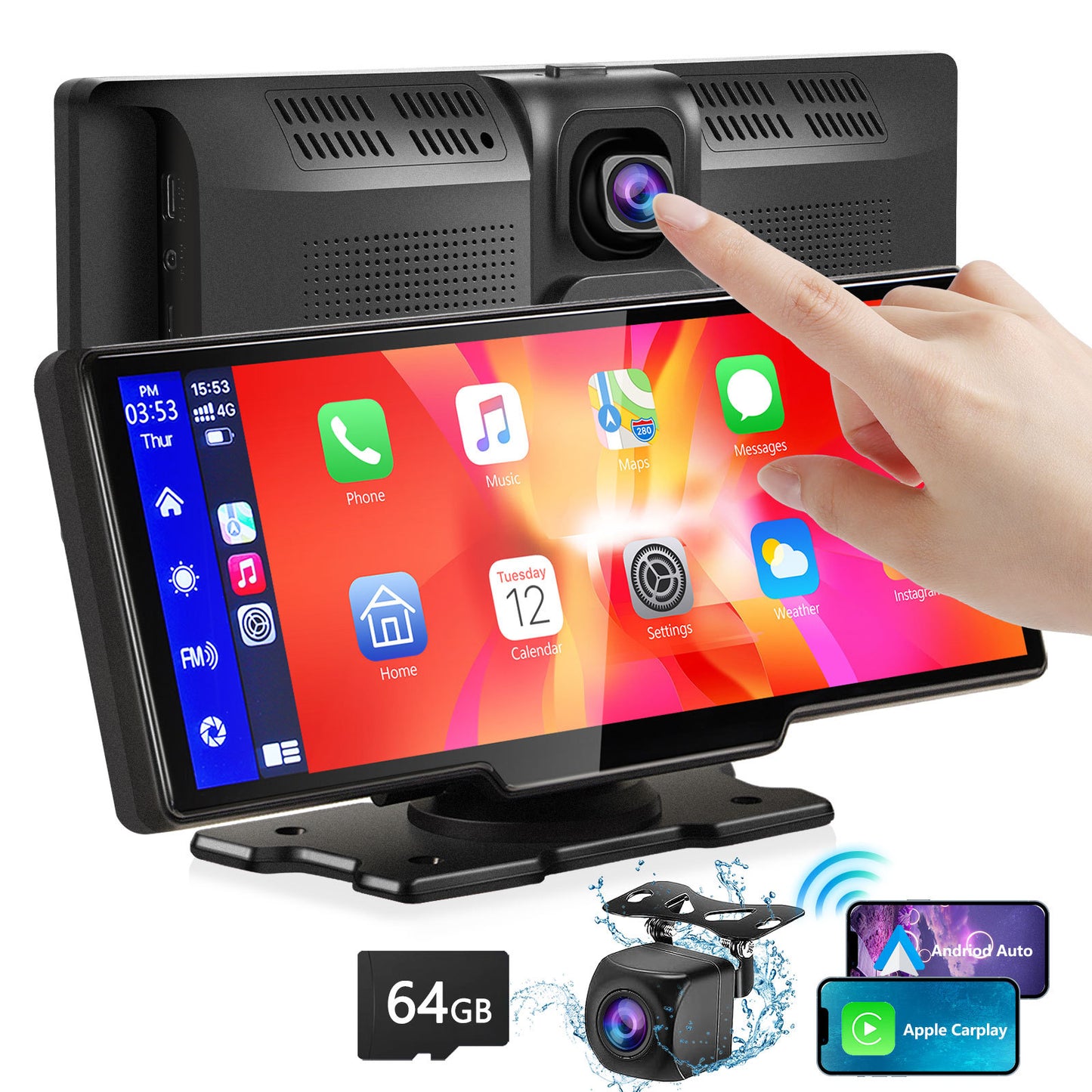 Flag Village Auto Tools Portable Wireless Carplay With 2.5K Camera, 1080P Back Cam 9.3inches Ultra HD Android Auto Car Play Screen For Car DVR Loop Recording, Bluetooth GPS Navigation Touch Drive Screen With FM Radio System