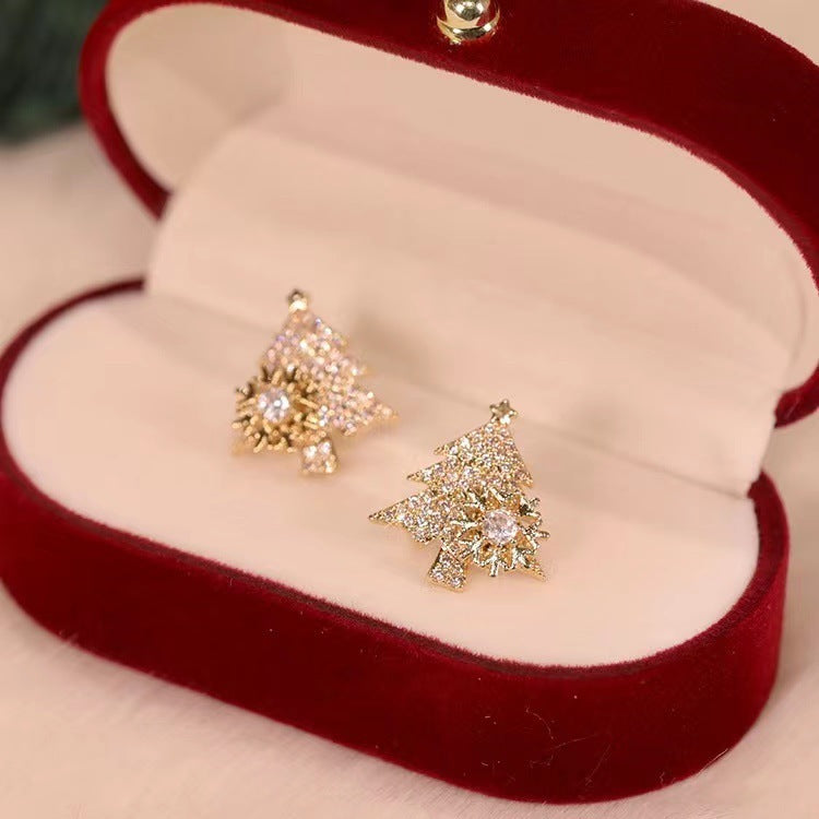Flag Village Rotatable Christmas Tree Earrings Shiny Rhinestone Snowflake Stud Earring New Year Xmas Festival Ear Jewelry Gifts Autumn And Winter