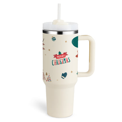 Flag Village 40 Oz Tumbler With Handle Straw Insulated, Stainless Steel Spill Proof Vacuum Coffee Cup Tumbler With Lid Tapered Mug Gifts For Valentine Lover Suitable For Car Gym Office Travel