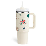 Flag Village 40 Oz Tumbler With Handle Straw Insulated, Stainless Steel Spill Proof Vacuum Coffee Cup Tumbler With Lid Tapered Mug Gifts For Valentine Lover Suitable For Car Gym Office Travel