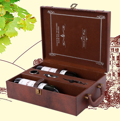 Flag Village Creative Wine Box Leather Gift Box Handmade Home Kitchen Bar Accessories Decor Lafite Wine Holder Wine Packaging Box Friend Gift