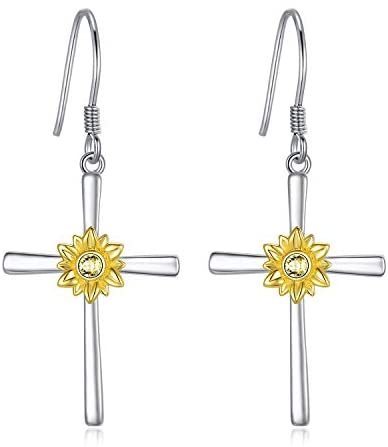 Flag Village Sunflower Earrings Sterling Silver Cross Dangle Drop Hooks Earrings Sunflower Flower Jewelry Gifts for Women Teens Birthday