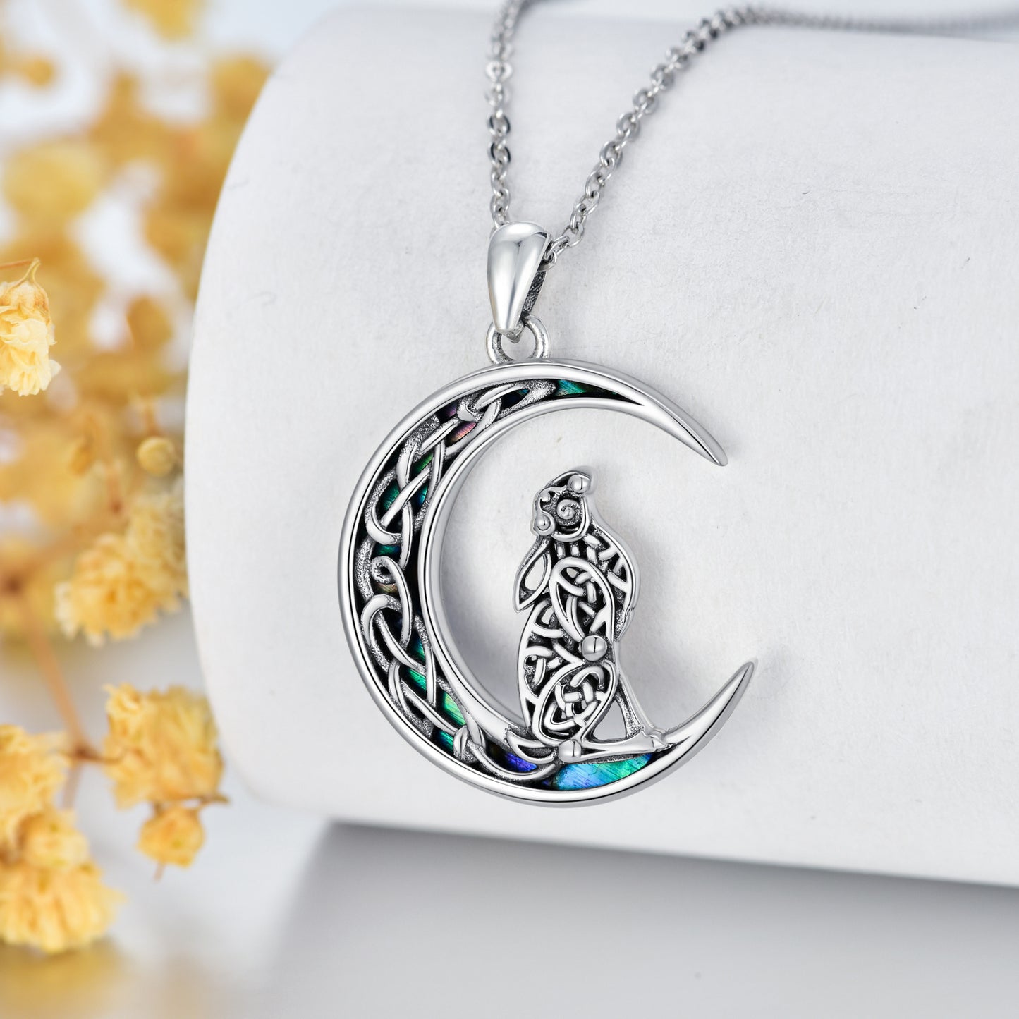Flag Village Celtic Knot Bunny Moon Necklace Sterling Silver Abalone Shellfish Pendant Jewelry Gifts