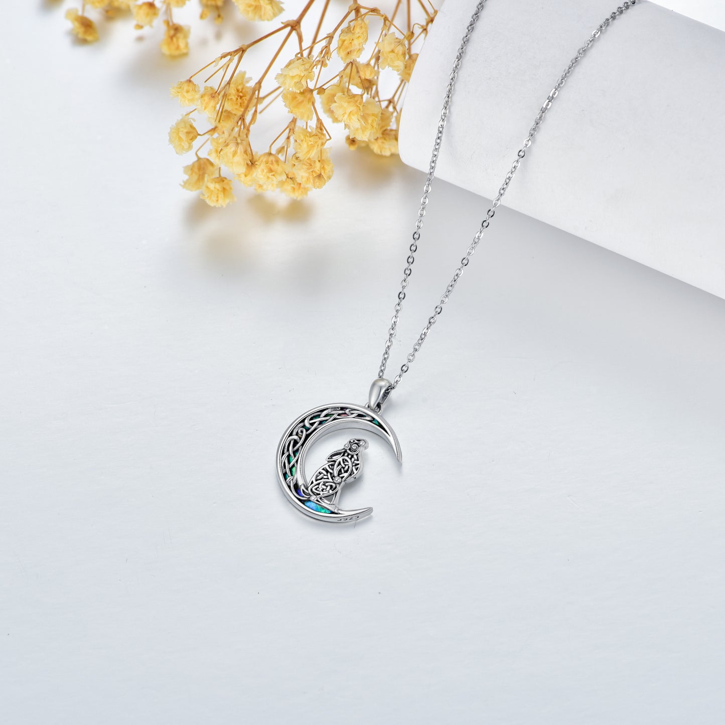 Flag Village Celtic Knot Bunny Moon Necklace Sterling Silver Abalone Shellfish Pendant Jewelry Gifts
