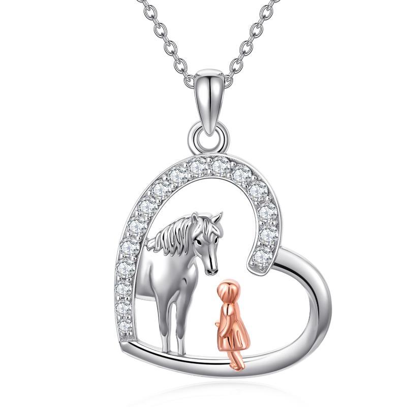Flag Village Sterling Silver Heart Horse and Girl Pendant Necklace Jewelry Gifts for Women Girls Kids
