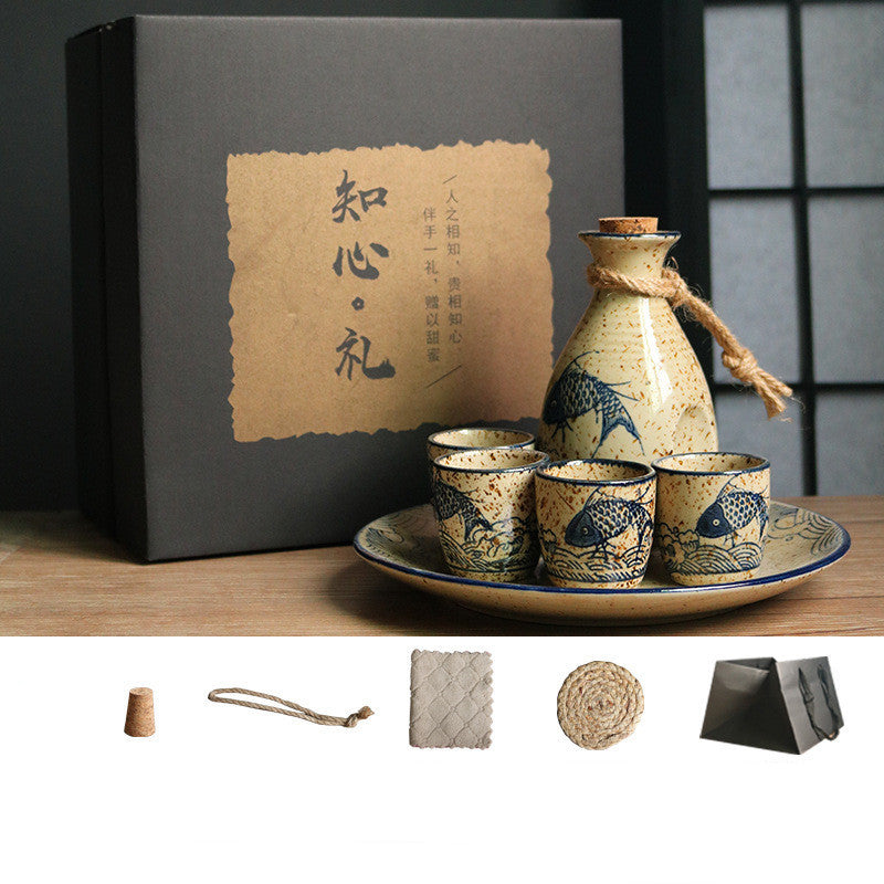 Flag Village Japanese Retro Sake Wine Warmer Gift Box Set Hot Wine Shochu Pot Ceramic Wine Cup White Wine Household Wine Glass
