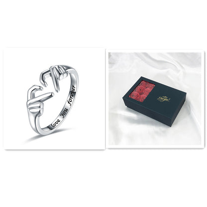 Flag Village Romantic Heart Hand Hug Fashion Ring For Women Couple Jewelry Silver Color Punk Gesture Wedding Men Finger Accessories Gifts