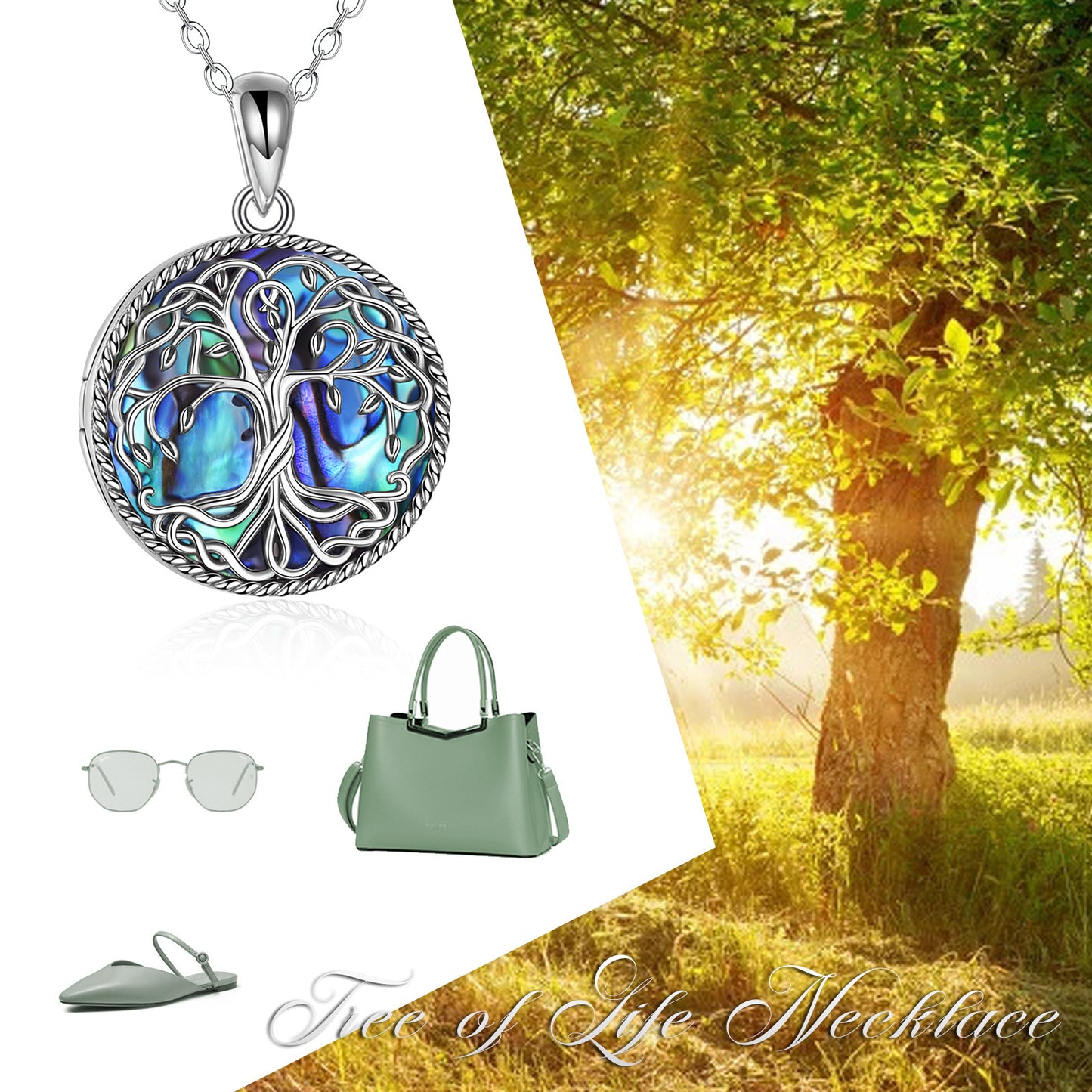 Flag Village Tree of Life Locket Necklace Jewelry for Women Sterling Silver Celtic Family Tree Abalone Shell Lockets Jewelry Gifts for Mom Daughter