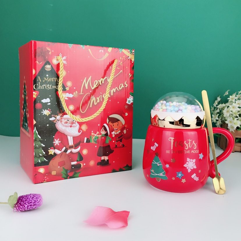 Flag Village Christmas Mugs Set With Lid And Spoon Xmas Gift Box Set Ceramic Cartoon Couples Santa Claus Milk Cocoa Cup For Home Office