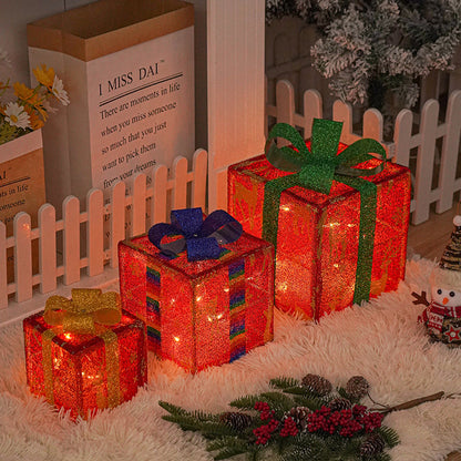 Flag Village Lighted Up Outdoor Christmas Decorations Luminous Christmas Gift Box With Bow For Holiday Christmas Tree Home Yard Decor