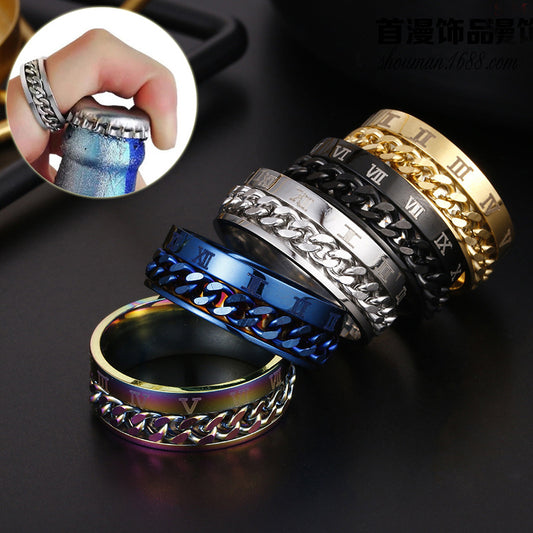Flag Village Roman Letter Rotatable Chain Rings Men Digital Titanium Steel RingFor Couple High Quality Multifunctional Bottle Opener Ring Spinner Jewelry Punk Gifts