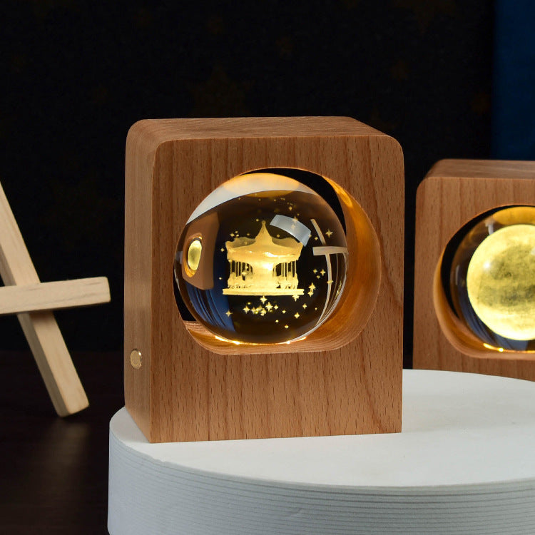 Flag Village Beech Crystal Ball Night Light 3D Laser Engraving Elk Jellyfish LED Nightlights USB Dimmable Lamp For Bedroom Decoration Gifts Home Decor