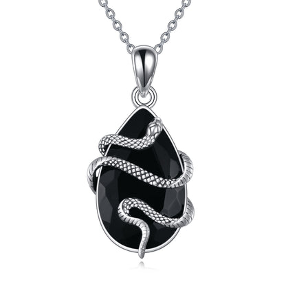 Flag Village Sterling Silver Black Obsidian Tourmaline Crystal Snake Necklace Jewelry as Gifts