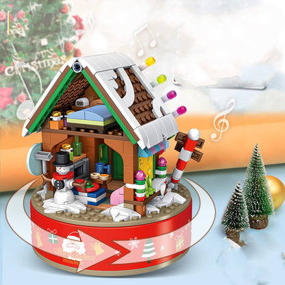 Flag Village Music Box Kids Building Blocks Christmas Tree Ornaments Rotating LED Shining Music Box DIY City Bricks For Children Gift