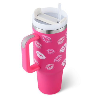 Flag Village 40 Oz Tumbler With Handle Straw Insulated, Stainless Steel Spill Proof Vacuum Coffee Cup Tumbler With Lid Tapered Mug Gifts For Valentine Lover Suitable For Car Gym Office Travel