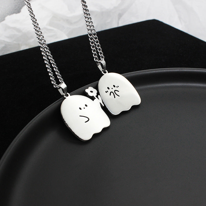 Flag Village Stainless Steel Cute Ghost Couple Necklace Kawaii Animal Cat Pendant Necklace Lovers Friendship Jewelry Gifts