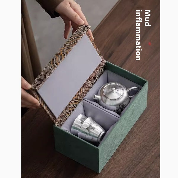 Flag Village Silver Gilded Chinese High-end Kung Fu Tea Set Mini Set Teapot Tea Cup Gift Box