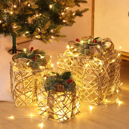 Flag Village Christmas Wrought Iron Gift Box Warm White Christmas Ornament Three-piece Set With Battery Box Holiday Light String Boxes