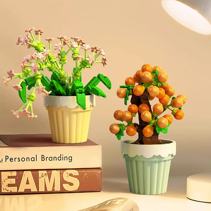 Flag Village Bouquet Plant Potted Rose Handmade DIY Assembling Puzzle Building Blocks Toy Children Gifts