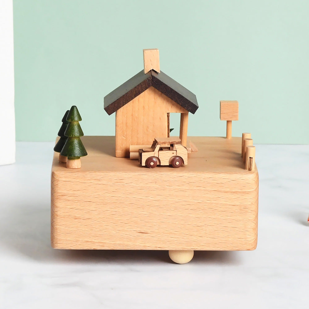 Flag Village Wooden building model music box birthday gift
