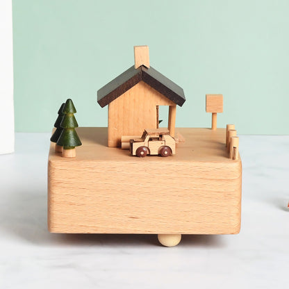 Flag Village Wooden building model music box birthday gift