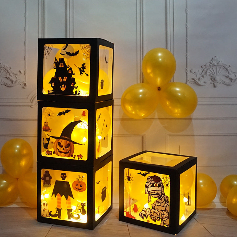 Flag Village Halloween Balloon Boxes Black Transparent Box Block With Ghost Pumpkin Horror Sticker Gift For Halloween Party Decor Supply