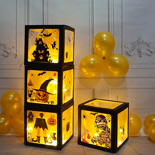 Flag Village Halloween Balloon Boxes Black Transparent Box Block With Ghost Pumpkin Horror Sticker Gift For Halloween Party Decor Supply