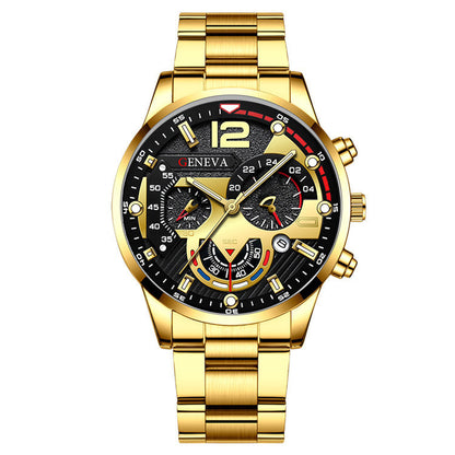 Flag Village 2pcs Men's New Popular Steel Strip Fashion Business Three Eye Quartz Watch Bracelet Set Valentine's Day Gifts