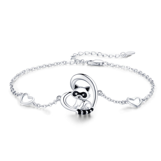 Flag Village 925 Sterling Silver Heart Charm Raccoon Bracelet Animal Jewelry Gifts For Women Girls Teen
