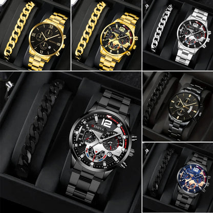 Flag Village 2pcs Men's New Popular Steel Strip Fashion Business Three Eye Quartz Watch Bracelet Set Valentine's Day Gifts