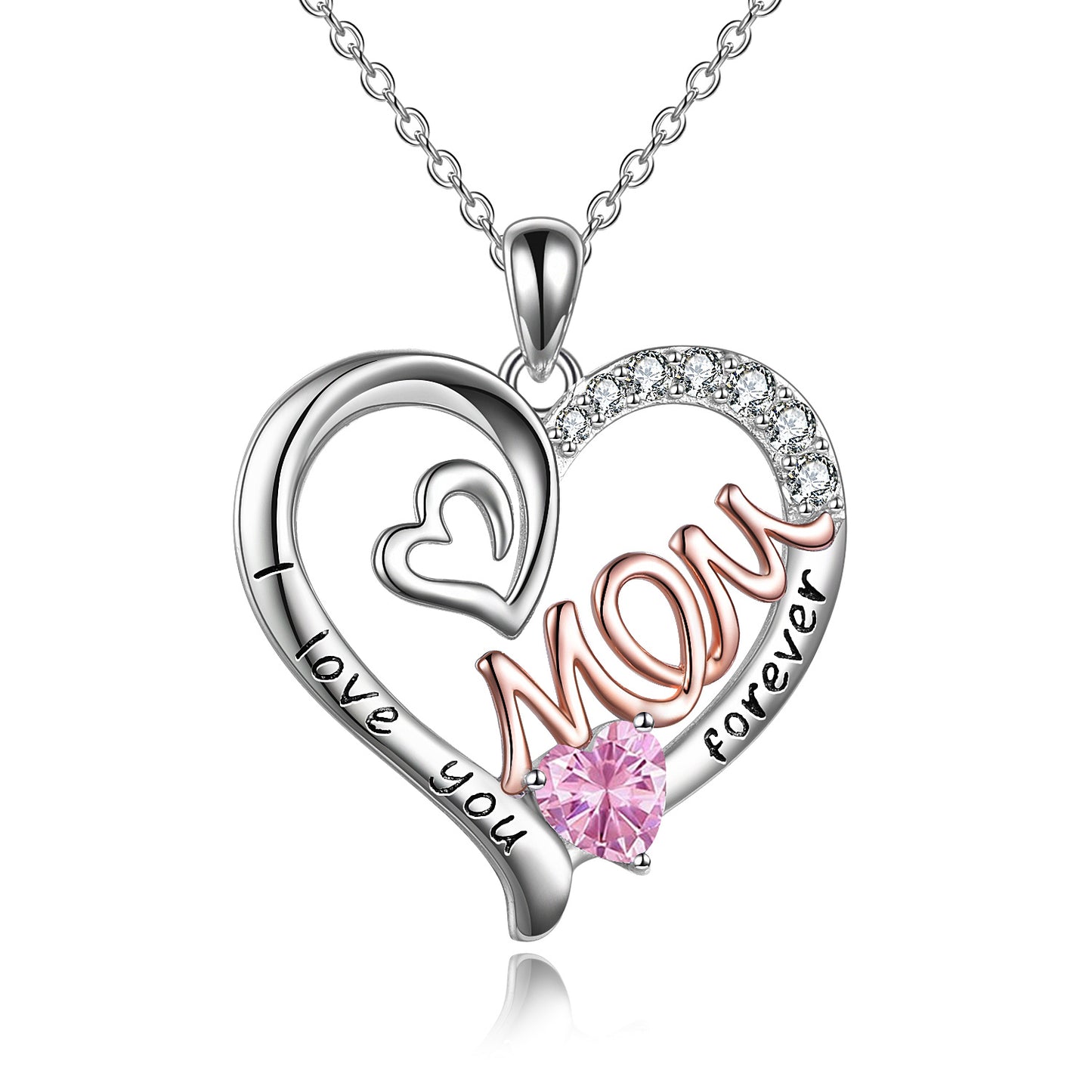 Flag Village Mom Necklace S925 Sterling Silver Heart CZ Pink Stone Love Mum Pendant Birthstone Jewelry for Women Mother Gifts