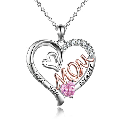 Flag Village Mom Necklace S925 Sterling Silver Heart CZ Pink Stone Love Mum Pendant Birthstone Jewelry for Women Mother Gifts
