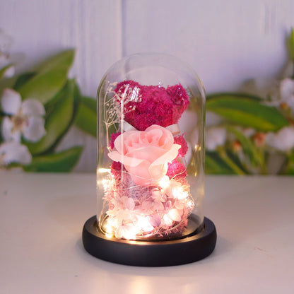 Flag Village Valentine's Day Gift For Girlfriend Eternal Preserved Rose Flower Gift Box Teddy Bear Eternal Flower With Lights Gift For Women Home Decor