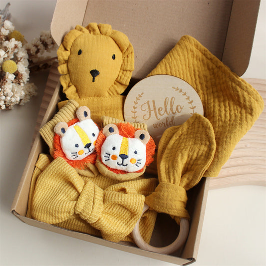 Flag Village Baby Rabbit Lion Appeasing Towel Socks Saliva Towel Wash Gift Box Newborn Bite Ring Hair Band Set