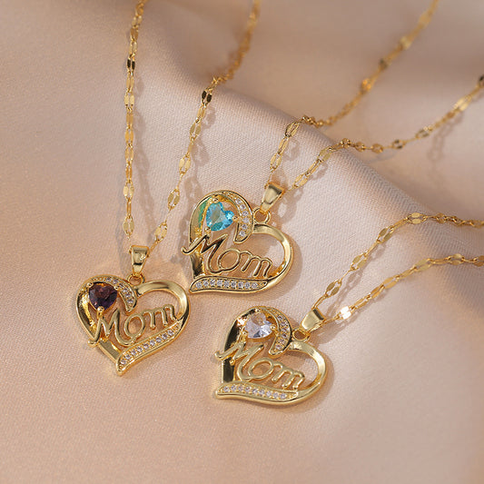 Flag Village Mother's Day Jewelry High Grade Zircon Heart Flower Pendant Necklace Stainless Steel Trendy Geometric Choker Jewelry Party Gifts For Women Girls