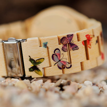 Flag Village BOBO BIRD O20 Butterfly Print Women Watches All Bamboo Made Quartz Wristwatch for Ladies in Wooden Gift Box