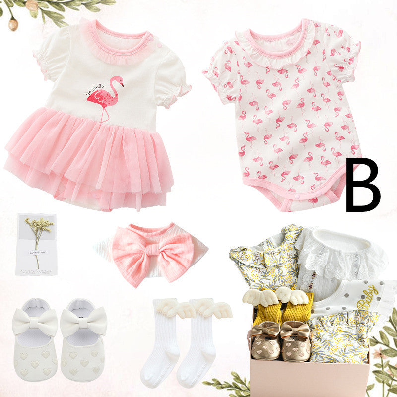 Flag Village Baby Girl Full Moon Gift Box Baby Cotton Romper Suit Princess Dress Clothes