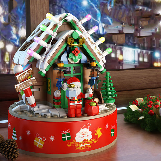 Flag Village Music Box Kids Building Blocks Christmas Tree Ornaments Rotating LED Shining Music Box DIY City Bricks For Children Gift