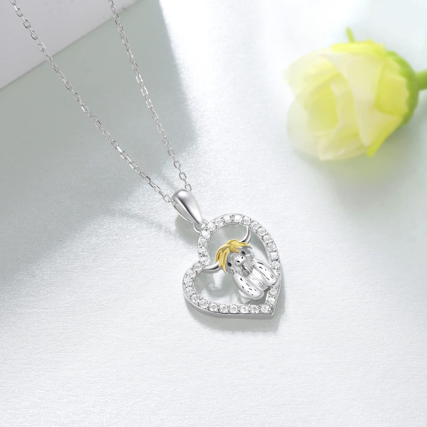Flag Village Highland Cow Necklace 925 Sterling Silver Heart Animal Necklace Animal Jewelry Gifts for Women Girls Daughter