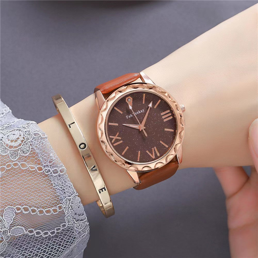 Flag Village Glitter Face Simple Fashion All-match Belt Women's Watch Gift Box Suit Quartz Wrist Watch